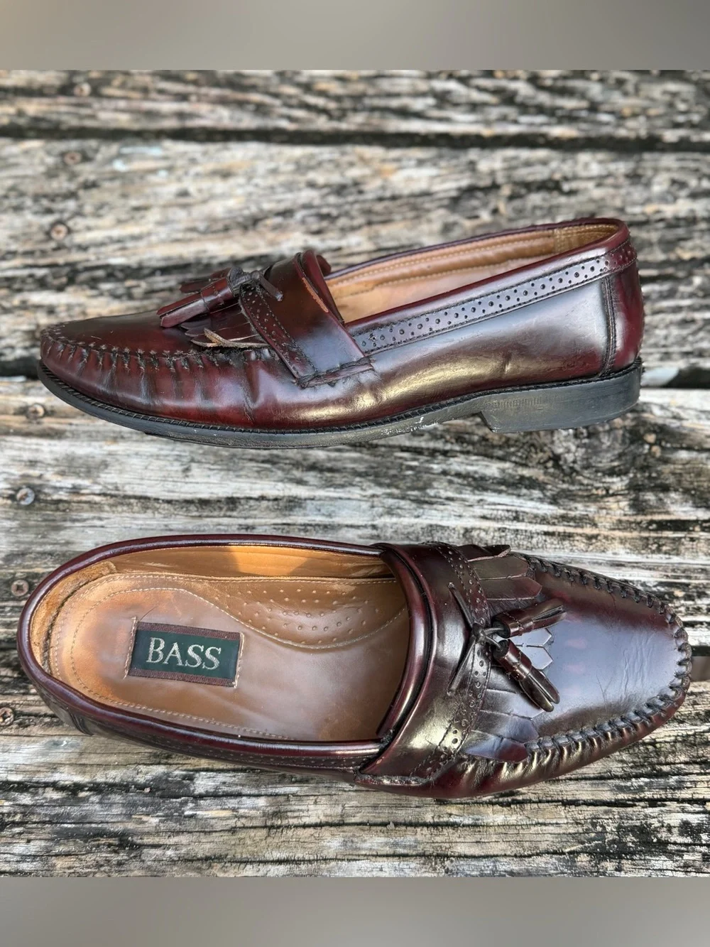 Vintage Bass Nelson Sz 10D Burgundy Leather Tassel Kiltie Loafers with Fringe P4